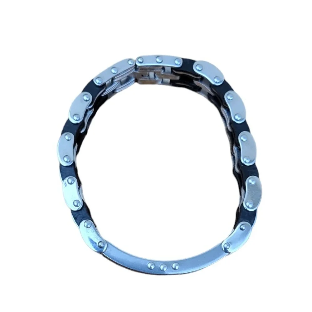 Men's Silver Stainless Steel Motorcycle Bike‎ Chain Link Bracelet Black Accents